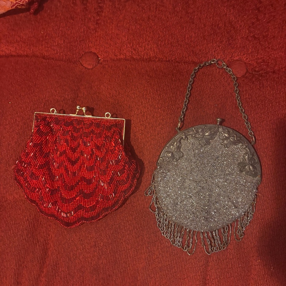 Vintage Red and Silver Beaded Evening Clutch Set